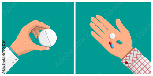 Man doctor hand gives pill, another man hand with a mix of pills. Medical treatment, hospital care, addiction, medicine concept.