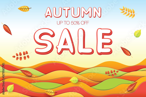 Autumn sale banner in paper craft style featuring Autumn sale and 50% off inscription, autumn landscape with colorful hills and leaves. Vector EPS illustration, 3D, layered, easy to edit