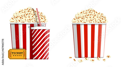 Popcorn in red strip bucket with drink and cinema ticket. Movie snack food. Flat style vector. Illustration for online cinema.
