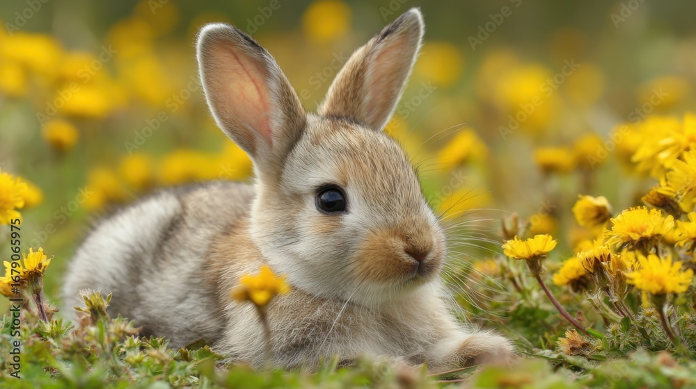 Fototapeta premium A small rabbit relaxes in a lush green meadow filled with blooming yellow flowers. The sun shines brightly, illuminating the scene and creating a serene atmosphere.