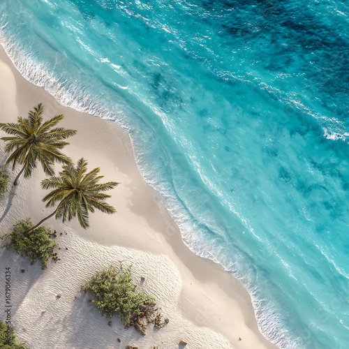 Aerial view of a tropical beach with palm trees and turquoise water