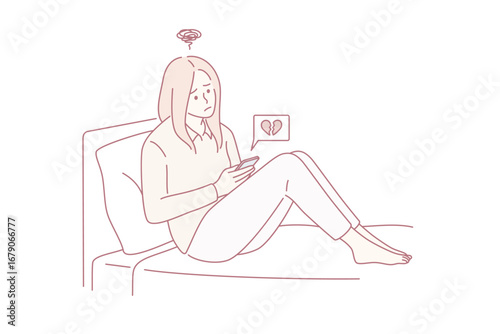 Online dating and broken heart concept. Young unhappy sad disappointed girl cartoon character sitting communicating online with boyfriend breaking up vector illustration