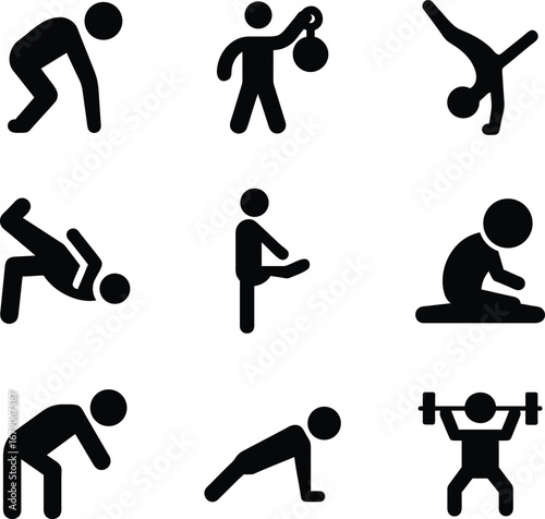 Fitness workout icons set diverse bodyweight and weight training poses for health and sport
