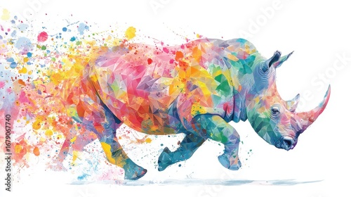 A rhinoceros gallops forward, its body transformed into a burst of colorful geometric shapes. The vivid splashes of paint create a dynamic, energetic effect, emphasizing movement and creativity.