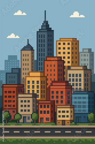 Pixel art cityscape with colorful skyscrapers, urban skyline, trees, and road under blue sky with clouds. Retro game style.