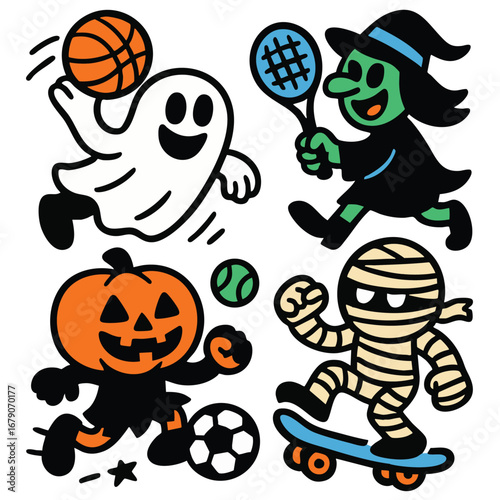 Halloween ghost basketball, witch tennis, pumpkin soccer, mummy skateboarding, playful cartoon
