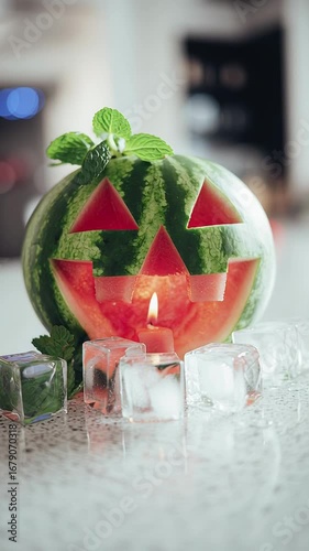 Watermelon jacko'lantern with melting ice cubes on countertop