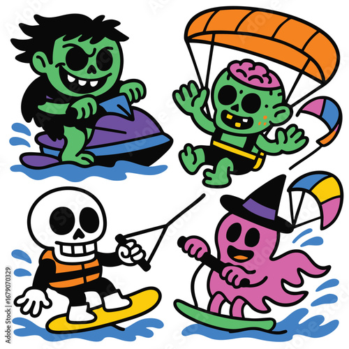 Zombie, skeleton, ghost, and witch enjoy water sports with happy expressions and colorful outfits