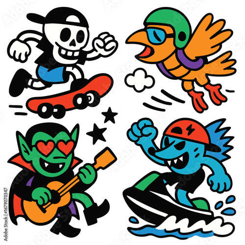 Skateboard skeleton, flying bird, vampire playing guitar, and blue creature jet ski cartoon style