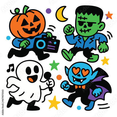 Pumpkin head, Frankenstein, ghost, and vampire cartoon characters dancing with colorful stars