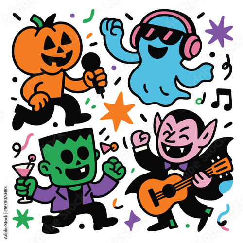 Pumpkin head, ghost, vampire, and monster cartoon characters celebrate with music and dancing