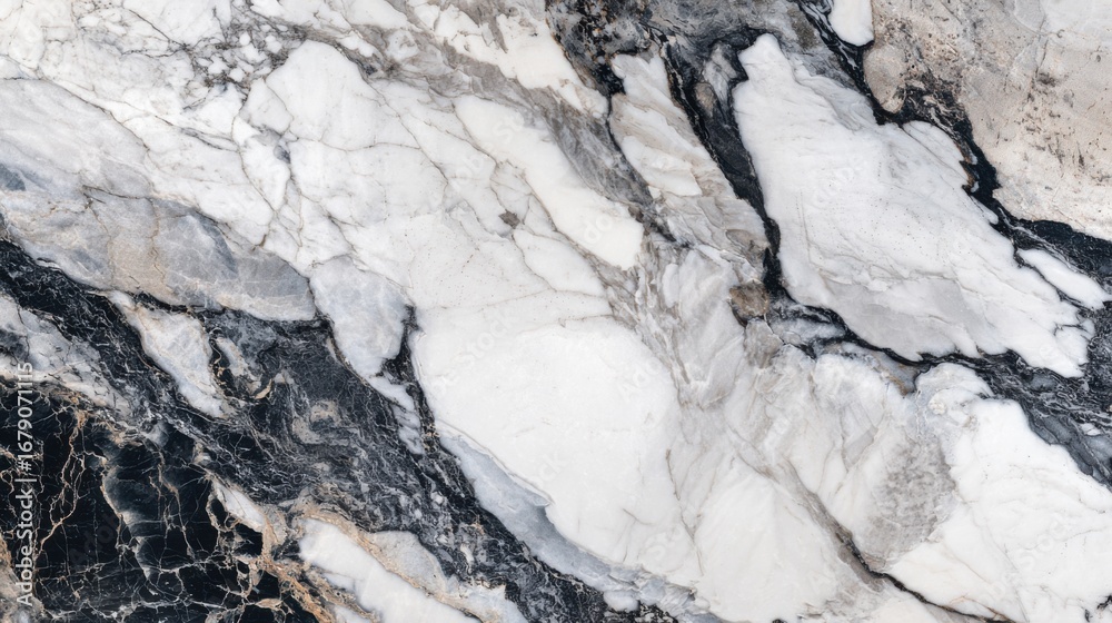 Fototapeta premium A striking black and white marble surface features unique veining patterns, creating a sophisticated look for contemporary interiors. Ideal for countertops and flooring.