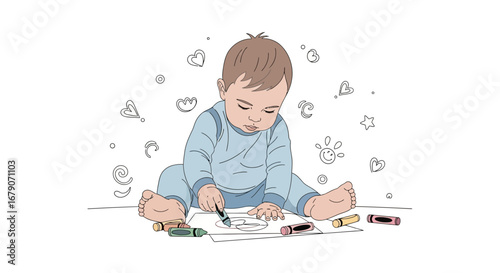 A baby drawing with crayons on paper and enjoying coloring time in a vector art illustration