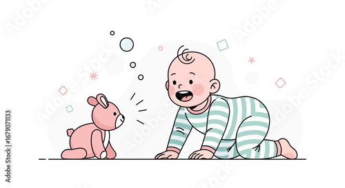 A baby crawling toward a pink teddy bear; playful interaction illustration
