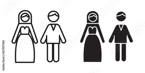 Newlyweds icon . Bride and Groom. Wedding Married couple Icon . Vector illustration with stroke and fill on a white background.