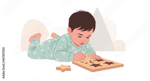 A baby playing with a star-shaped puzzle on his belly while wearing pajamas