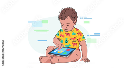 A baby fascinated by a tablet: colorful illustration of modern technology and learning