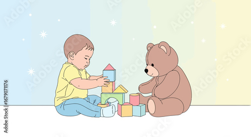 A Baby Playing with Blocks and a Teddy Bear: An Adorable Illustration for Kids