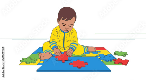 A baby playing with puzzle pieces, focused on problem-solving and early childhood learning