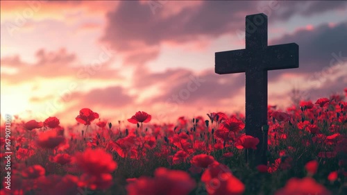 Sunset over a field filled with red poppies, at the foot of a cross. Memorial to soldiers who fought and died in wars.