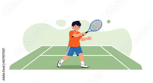 Young Tennis Player Hitting The Ball With Racket On The Court Sporty Action