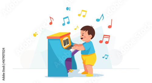 Young Toddler Child Playing Piano with Happy Smiling Expression on a White Background