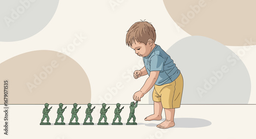 Young Toddler Playing With Toy Soldiers Exploring Childlike Imagination and Play