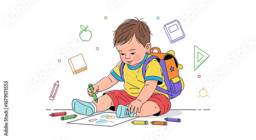 Young Toddler Creating Art While Wearing a Backpack, Smiling, Enjoying Creativity