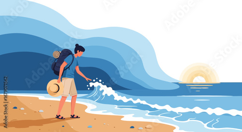 Young traveler on the beach enjoying the ocean at sunset vector illustration