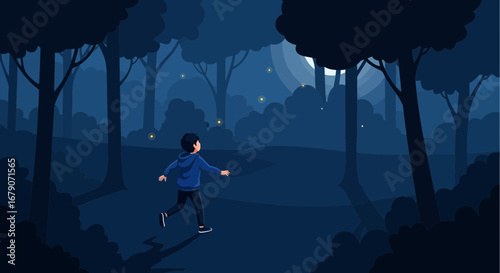 A Boy In A Enclosed Enigmatic Woodland Explores Under A Misty Night Sky