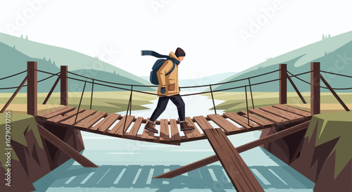 A Brave Individual Navigating A Dilapidated Footbridge Across A Rocky Gorge And River