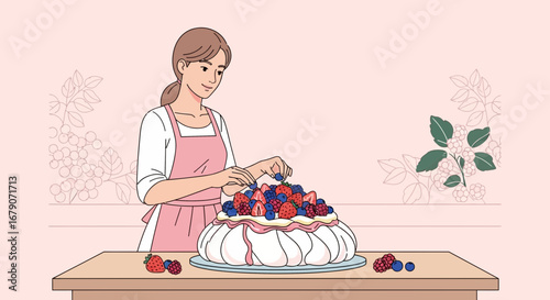 Young Woman Adorning Exquisite Dessert Delight With Fresh Juicy Berries