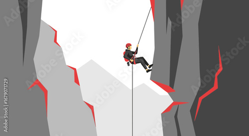 A Businessman Descends A Cliff Using Mountain Climbing Ropes Towards the Bottom