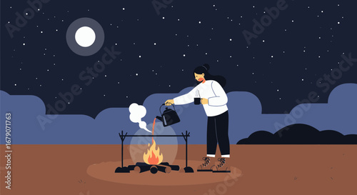A Calm Campfire Scene Under the Stars With A Person Pouring Tea Outdoors