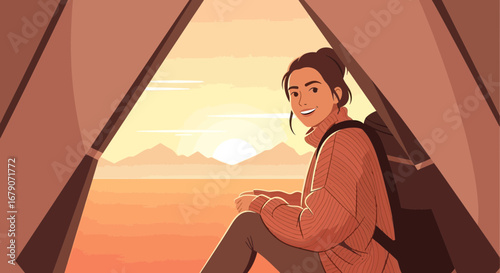 Young woman camping and enjoying the view of the sunset from inside the tent
