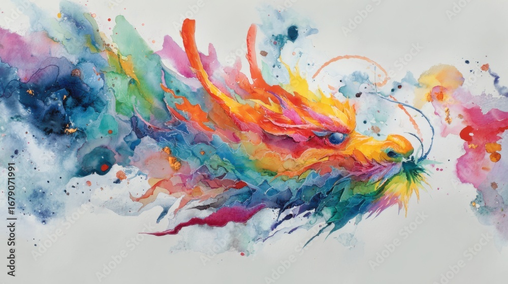 Fototapeta premium A colorful, abstract dragon emerges from a swirl of vivid hues, showcasing artistic expression with dynamic brush strokes and fluid motion. The image radiates energy and creativity.