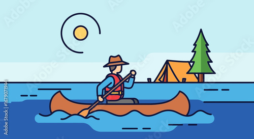 A Canoeing Expedition, With Tent And Sunshine, Camping Trip And Forest Scenery Illustration