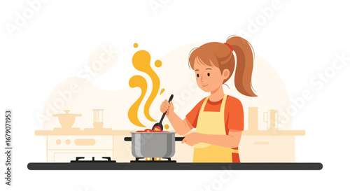 Young woman cooking a meal in the kitchen vector illustration  flat design style