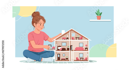 Young Woman Creating Miniature House And Designing Rooms In Colorful Illustration