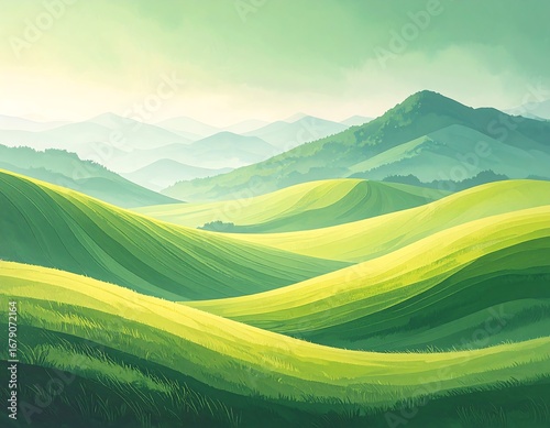 A serene, stylized landscape showcases rolling hills painted in vibrant shades of green and yellow, creating a peaceful and tranquil mood.