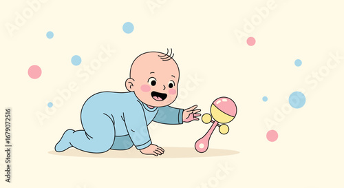 A cheerful baby playing with a rattle toy on a light-colored background