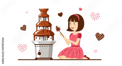 Young Woman Enjoying Chocolate Strawberry Fondue in a Joyful and Sweet Moment