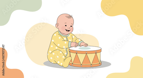 A Cheerful Baby Playing With a Cartoon Drum Amidst Delightful Abstract Shapes