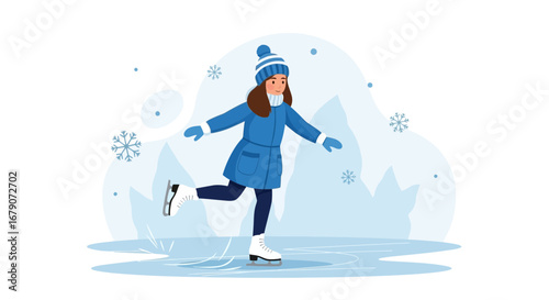 Young Woman Enjoying Ice Skating on Snowy Day Cartoon Illustration