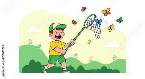 A cheerful boy happily chasing butterflies with a net on a sunny day in nature