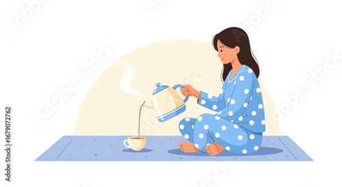 Young Woman Enjoying Morning Ritual Of Pouring Tea Creating Perfect Moment