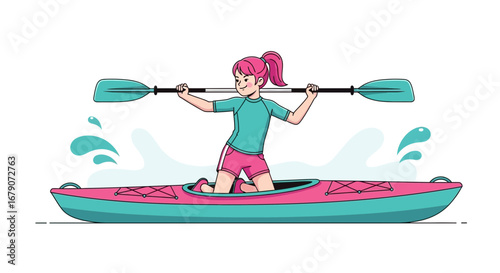 Young Woman Enjoying Kayaking Adventure with Paddle during a Sunny Day Outing