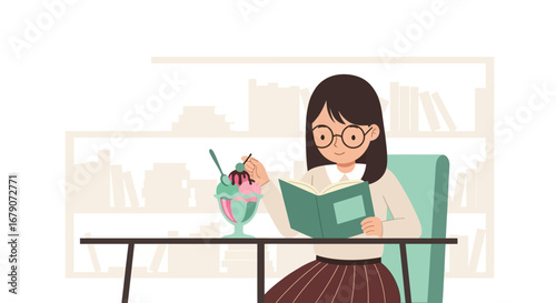 Young Woman Enjoying Reading a Book While Eating a Delicious Ice Cream Sundae