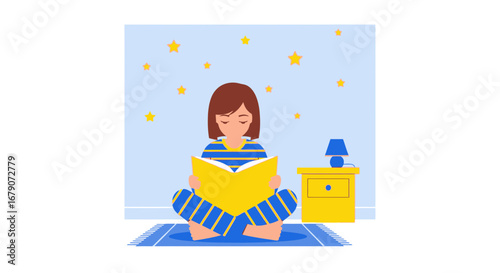 Young Woman Enjoying Reading Time While Relaxing In Bedroom Surrounded By Stars And A Lamp