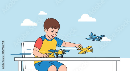 A cheerful boy playing with toy airplanes, imagining flight, and happy childhood dreams